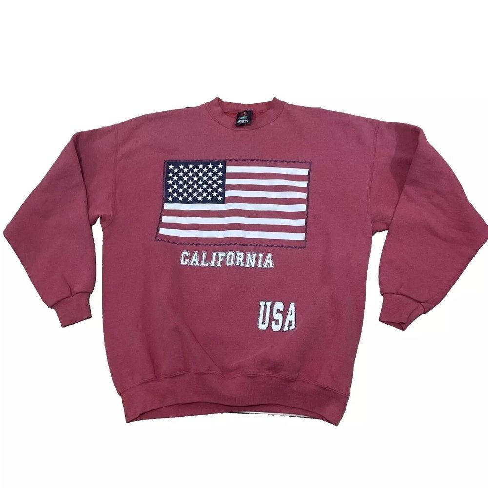 PM SPORTS Vintage Made USA Red Sweatshirt Men XL American Flag California Soft